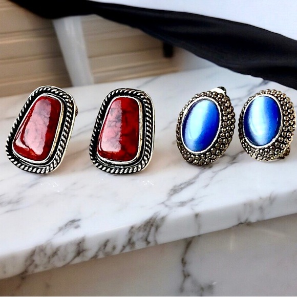 Vintage Earrings Silvertone and Faux Gemstones Screwback + Clip On 2 pairs - Picture 5 of 12